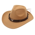 Detail of khaki cowboy hat featuring a silver bull skull emblem and leather band décor - M (56-58cm) / Camel