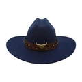 Navy blue felt cowboy hat with brown leather band featuring a golden bull head emblem - Navy Blue