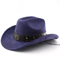 Detailansicht eines Western-Cowboyhuts mit Stierkopfschnalle und Nietlederband - M (56-58cm) / Marineblau