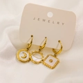 Detailed set of three 14K gold-plated stainless steel earrings with shell inlay on white silk - Sun Moon Geometric Style (A Card)