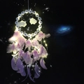 Purple dream catcher with white daisy flowers, cloud charms, feathers and glowing LED lights - With LED Light Style / Purple
