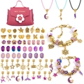 Pink DIY jewelry set with gold charms and glass beads for kids handmade bracelets - Gold Purple