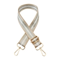 Detail of adjustable beige woven strap with sparkling silver stripes and gold metal hooks - Khaki