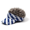 Detail of USA flag pattern sun visor hat featuring grey curly hair wig on top - Blue White Stars + Coffee Hair
