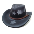 Detail of black felt western cowboy hat with white star pattern and brown braided band - M (56-58cm) / Black