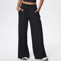 Detail of high waist drawstring elastic waistband on black wide leg lounge pants - S / Black