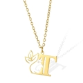 Golden stainless steel necklace featuring letter T pendant and female silhouette profile - Letter T