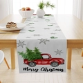 Linen Christmas table runner with red truck and green trees on rustic wooden table - Off White Red Retro Truck (ZQ26-29)