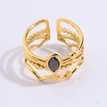 Golden open titanium steel ring with layered bead design and black marquise gemstone - Black Star Style (JZ27-1)
