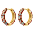 Detail of colorful enamel flower earrings with gold plating and intricate floral patterns - Red