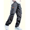 Men's loose multi-pocket dark grey cargo pants with black drawstring and straight fit - Dark Grey