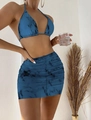 Three-piece bikini set with blue marble print, halter top and ruffled mini skirt - S / Blue