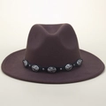 Brown wide brim jazz fedora hat with black belt band and vintage silver metal rivets - M (56-58cm) / Rivet Cross Flower Belt Style / Coffee