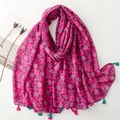 Floral magenta silk shawl with blue tassels and ethnic pattern for summer travel - 180*90CM / Magenta Floral
