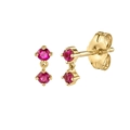 Detailed view of gold earrings with double red round gemstones and butterfly backings - Vertical Double Diamond Stud