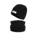 Black fleece winter set with beanie and neck gaiter featuring a Sport mountain patch - Black