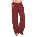 Deep red wide-leg casual pants for women with drawstring elastic waist and cotton linen texture - Burgundy
