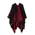 Double-sided reversible knit poncho shawl in classic black and deep wine red patterns - British Dark Red