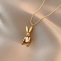 Golden rabbit pendant necklace with LUCK engraving on a delicate beaded ball chain - Small Rabbit Luck Necklace