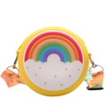 Cute yellow round silicone crossbody bag for kids with rainbow design and colorful strap - Yellow Rainbow