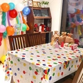 Close-up of birthday party tablecloth with colorful balloons and Happy Birthday print - 54*108inch / Balloon