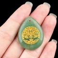 Green stone water drop pendant with golden tree of life engraving and top drill hole - Green Aventurine