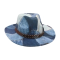 Cappello Fedora vintage in denim patchwork con fascia in pelle marrone e borchie - Taglia unica / Azzurro (M Denim Tondo)