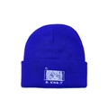 Detail of blue knit beanie featuring white anime eye embroidery and Japanese text - M (56-58cm) / Denim Blue