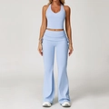 Light blue yoga set with V-neck halter top and high-waisted flared leggings - S / Top And Bottom / Sky Grey Blue