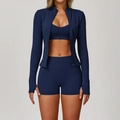 Completo yoga 3 pezzi blu scuro da donna con giacca, reggiseno sportivo e pantaloncini alti - Taglia S / Top E Pantaloni / Set da 3 pezzi (con pantaloncini) / Blu Navy