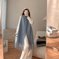 Blue soft long scarf with tassel and leather tag detail over white knit sweater - Haze Blue