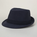 Detailed view of navy blue wool fedora hat with elegant ribbon band decoration - M(56-58cm) / Gray