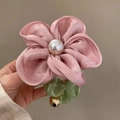 Pink floral scrunchie with center pearl and green leaf detail on a flexible band - Pink Flower Large Scrunchie