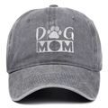 Detailed view of the white DOG MOM embroidery with dog paw print on gray washed cotton cap - Gray