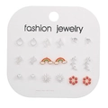 9-piece geometric stud earring set featuring gold and silver floral and rainbow designs - Rainbow Flower Leaf Set(E0196-1)