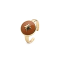 Macro detail of gold-plated star ring with brown enamel disc and adjustable band - Adjustable Open / Orange Hexagram
