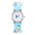 Close-up detailed view of children's light blue unicorn watch with soft silicone strap - Sky Blue