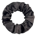 Classic black satin scrunchie with smooth silk texture and pleated elastic design - Dark Brown