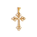 Detailed macro view of 24K gold plated cross pendant with heart cutouts and crystals - Carved Scroll Cross (XPLS10)