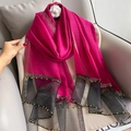 Detail of rose red silk scarf featuring gold bead trim and black mesh edges - 195CM / Rose Red