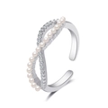 Silver cross open ring with white pearls and sparkling zircon stones for women - Adjustable Open / Pearl Rhinestone Cross Style (11805) / Silver