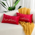 Red velvet lumbar pillow covers with golden HELLO Sunshine embroidery, set of two - Red Sunshine Gold Bronzing