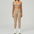 Ensemble de yoga sans couture beige avec brassière à bordure contrastée et legging - S / Bra+Leggings - Contrast Brown/White
