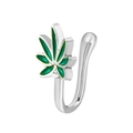 Adjustable non-piercing silver U-shaped nose cuff featuring a green leaf enamel design - Silver Leaf (5901)