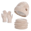 Winter knit set with hat, scarf and touchscreen gloves in beige mixed knit - Beige / 3-Piece Set (Hat + Scarf + Gloves)