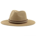 Straw fedora sun hat with decorative band for beach travel and sun protection - Khaki / 56-58cm