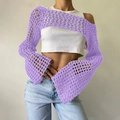 Dettaglio coprispalle viola all'uncinetto con maniche svasate e maglia traforata - Viola Chiaro