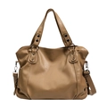 Brown faux leather large capacity tote bag with silver hardware and rivet details - Khaki