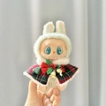 Labubu doll outfit featuring green rabbit plush hat and red-green Christmas shawl with bell - British Christmas Tree Ornament Shawl / First And Second Generation Keychains Are Compatible With La Cloth Dolls. Dolls Not Included.