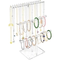 Three-tier clear acrylic jewelry stand detail with hooks for necklaces and bracelets - 3-Tier T-Bar Necklace Stand